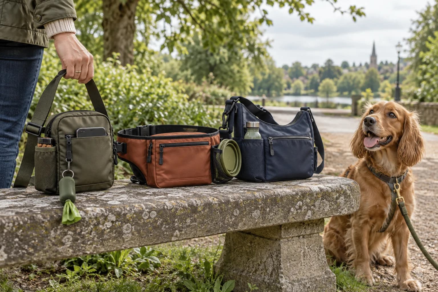 Three unbranded dog walking bag styles arranged on a park bench beside a spaniel