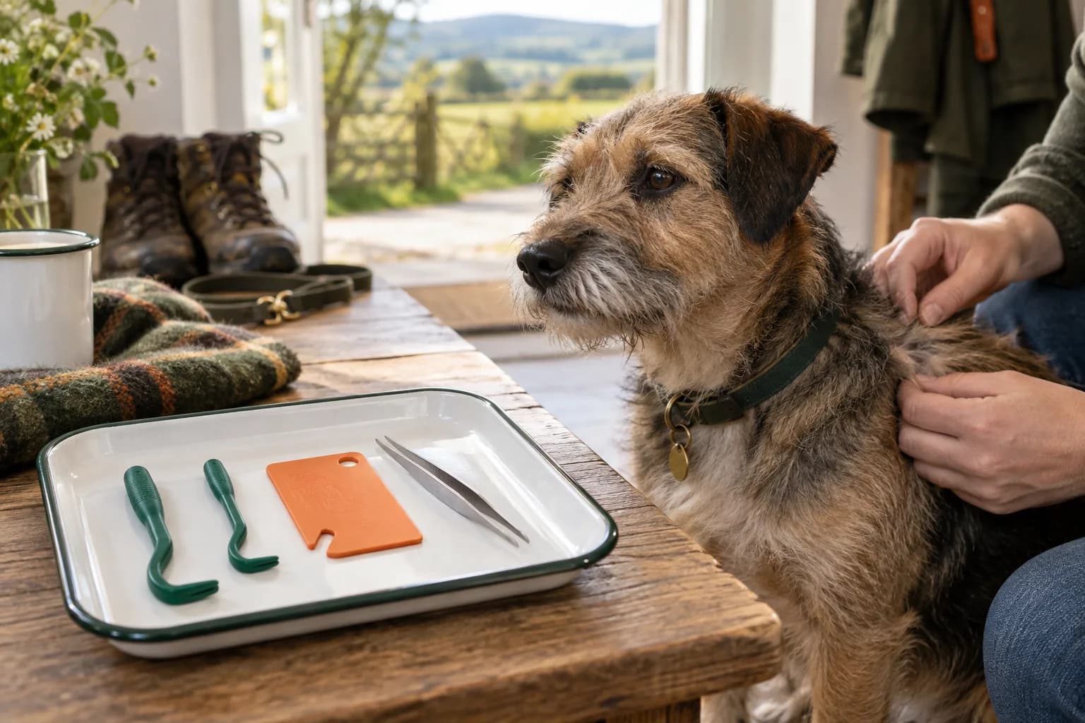 A terrier having its coat checked beside three unbranded tick-removal tools