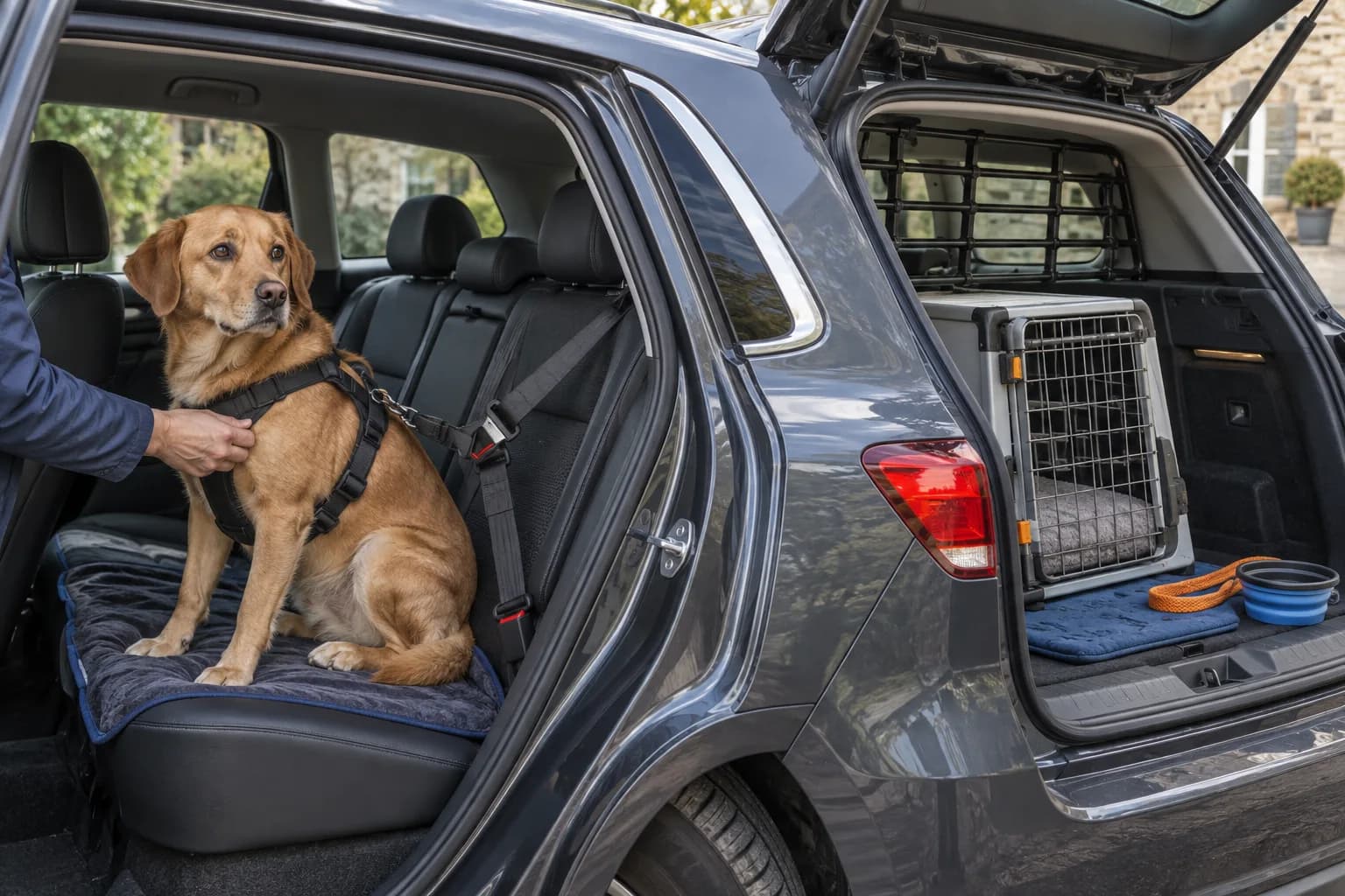 A dog secured on the rear seat of a stationary car with a crate and guard visible in the boot