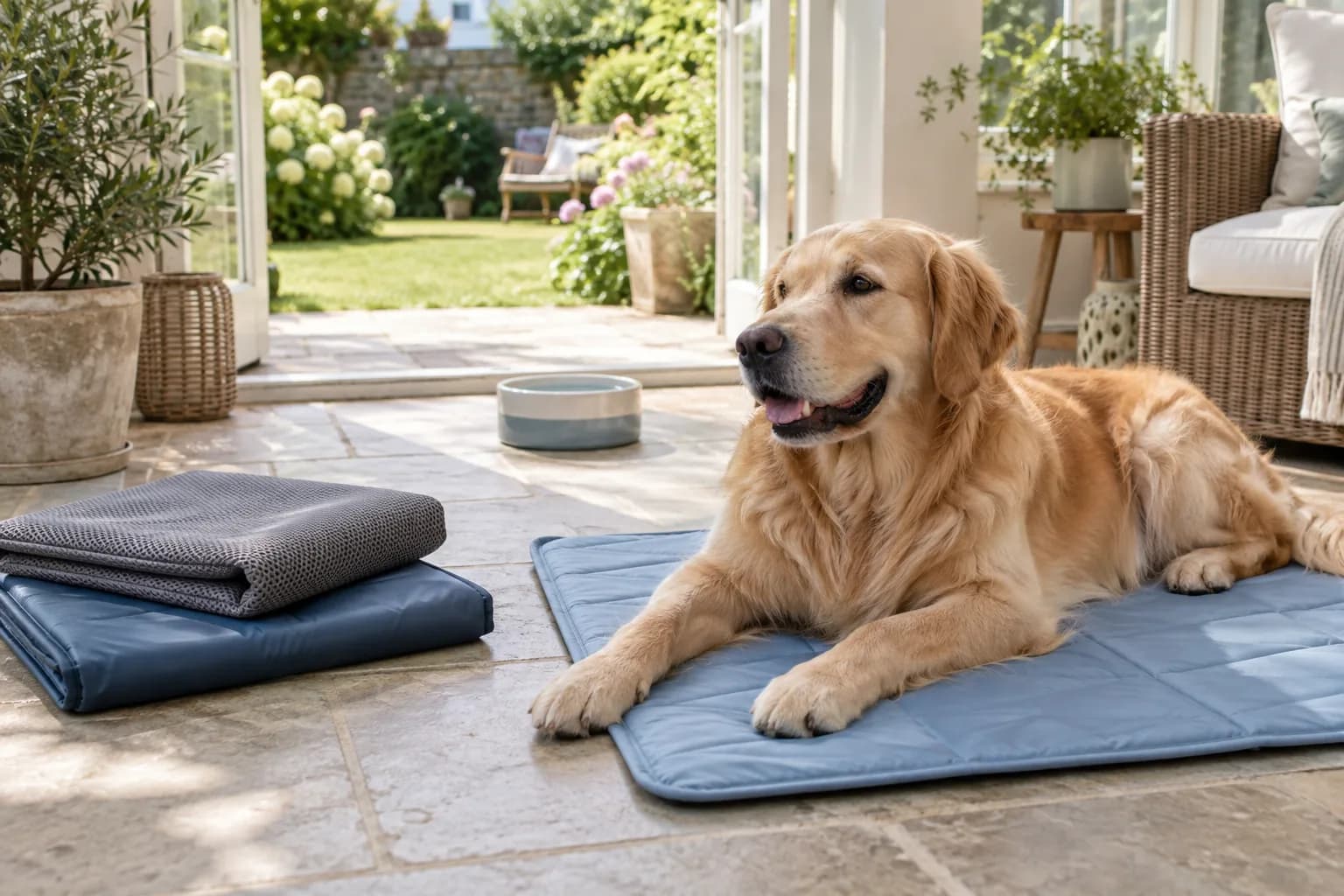 A golden retriever relaxing on a blue cooling mat beside an open patio door