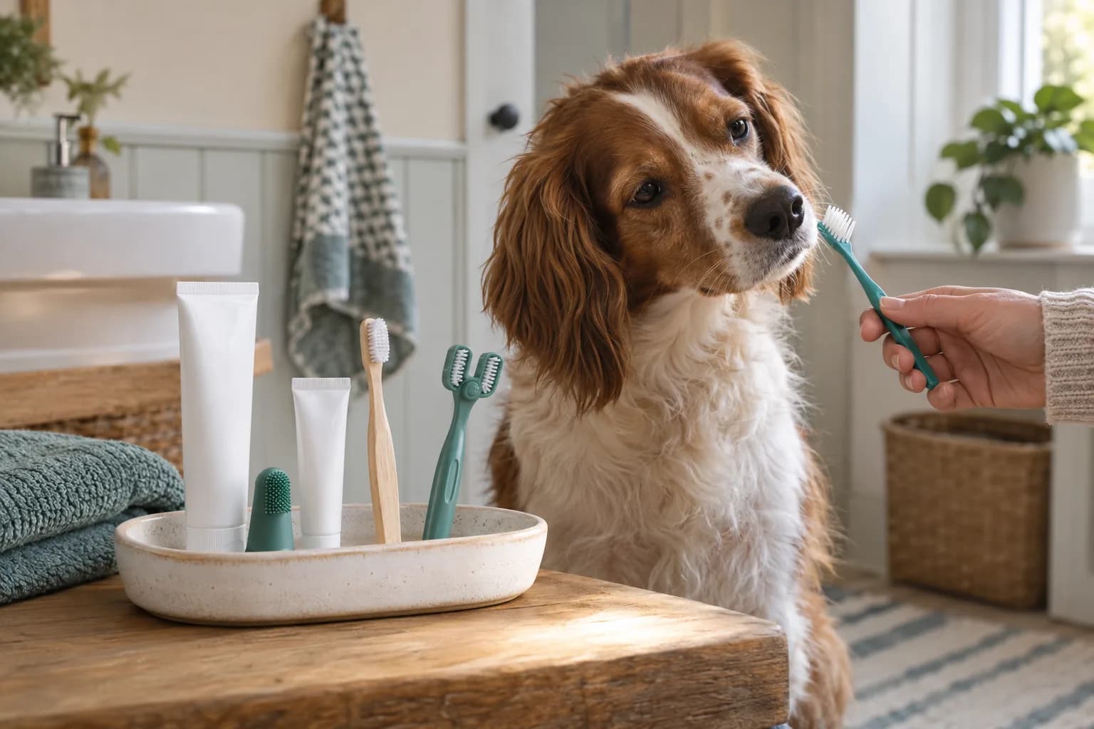 A dog beside unbranded dog toothbrushes and toothpaste in a warm home bathroom